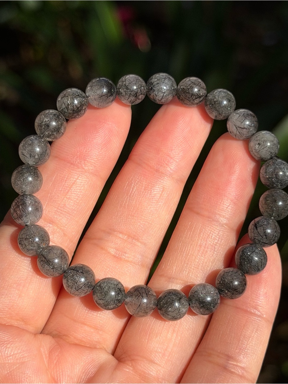 Gray Tourmalinated Quartz Bead Stretch Bracelet - Elegant Women’s Jewelry Palo